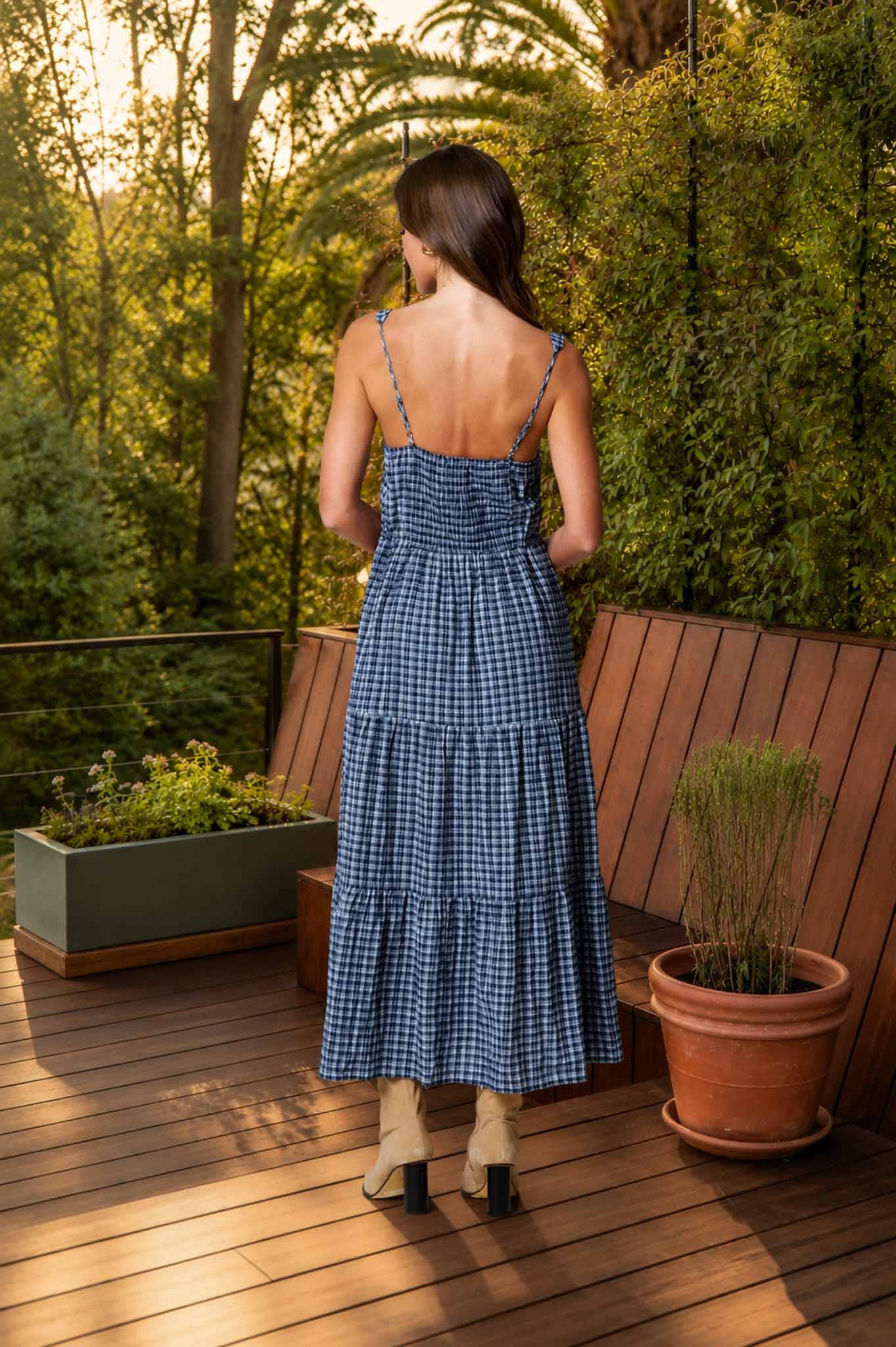 Plaid Front Tie Corset Detail Tiered Midi Dress