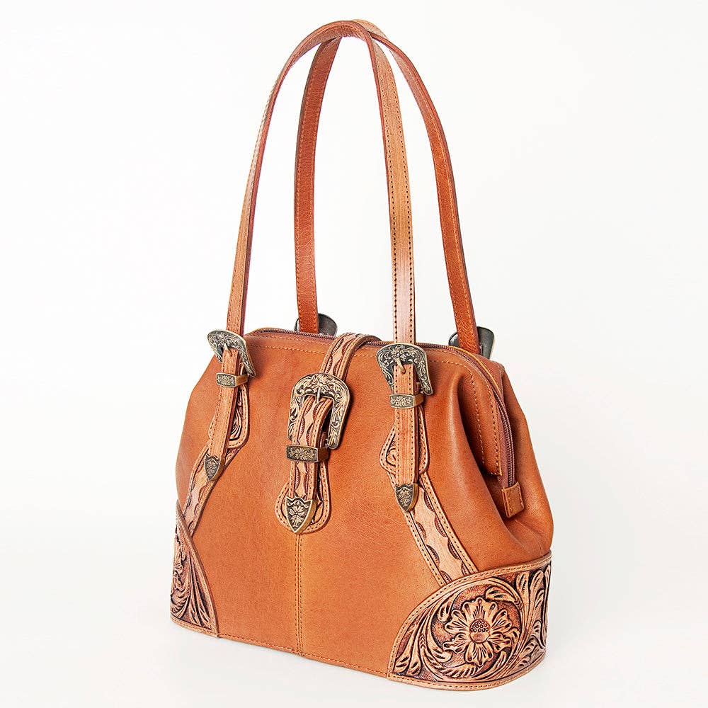 LC-ADBGI183A Tooled Leather Western Satchel - Tan Cowgirl Purse with Vintage Buckles