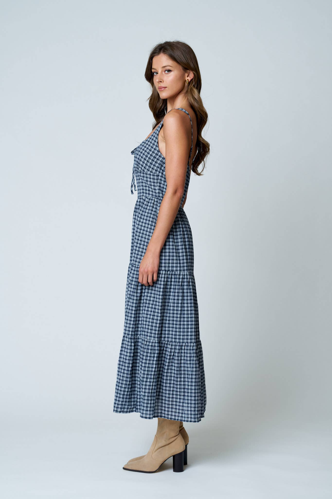 Plaid Front Tie Corset Detail Tiered Midi Dress