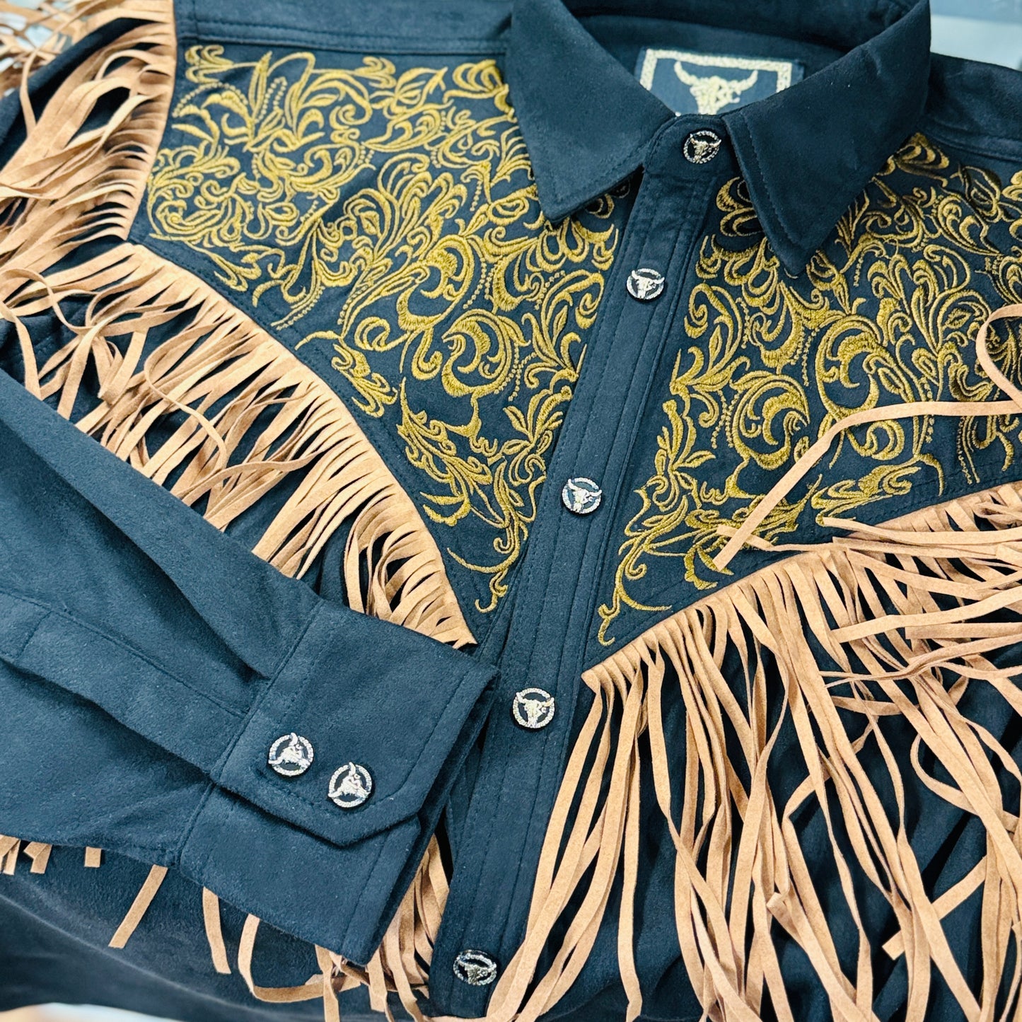 Embroidered Black Suede Western Fringe Shirt