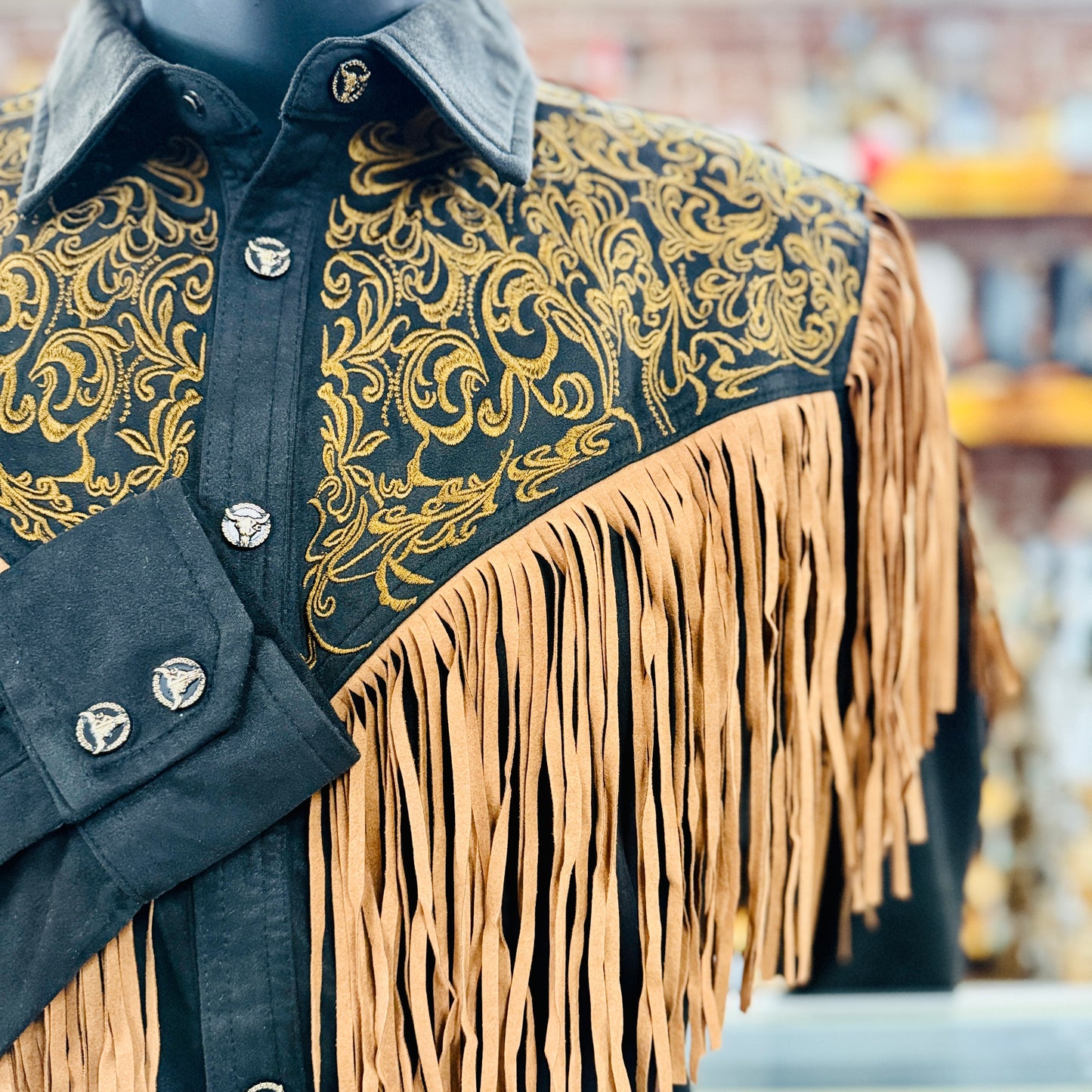 Embroidered Black Suede Western Fringe Shirt