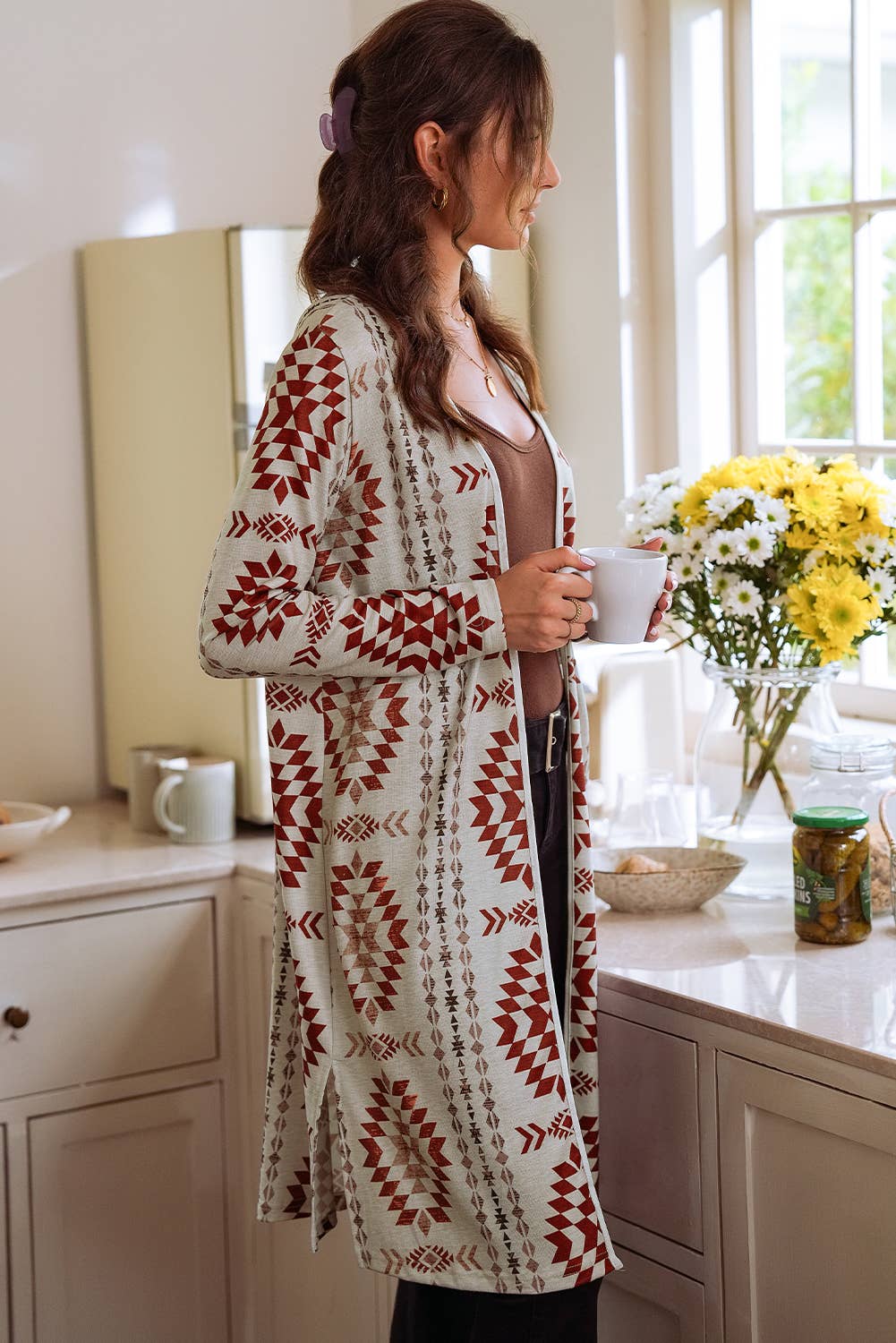 Western Printed Open Front Long Cardigan