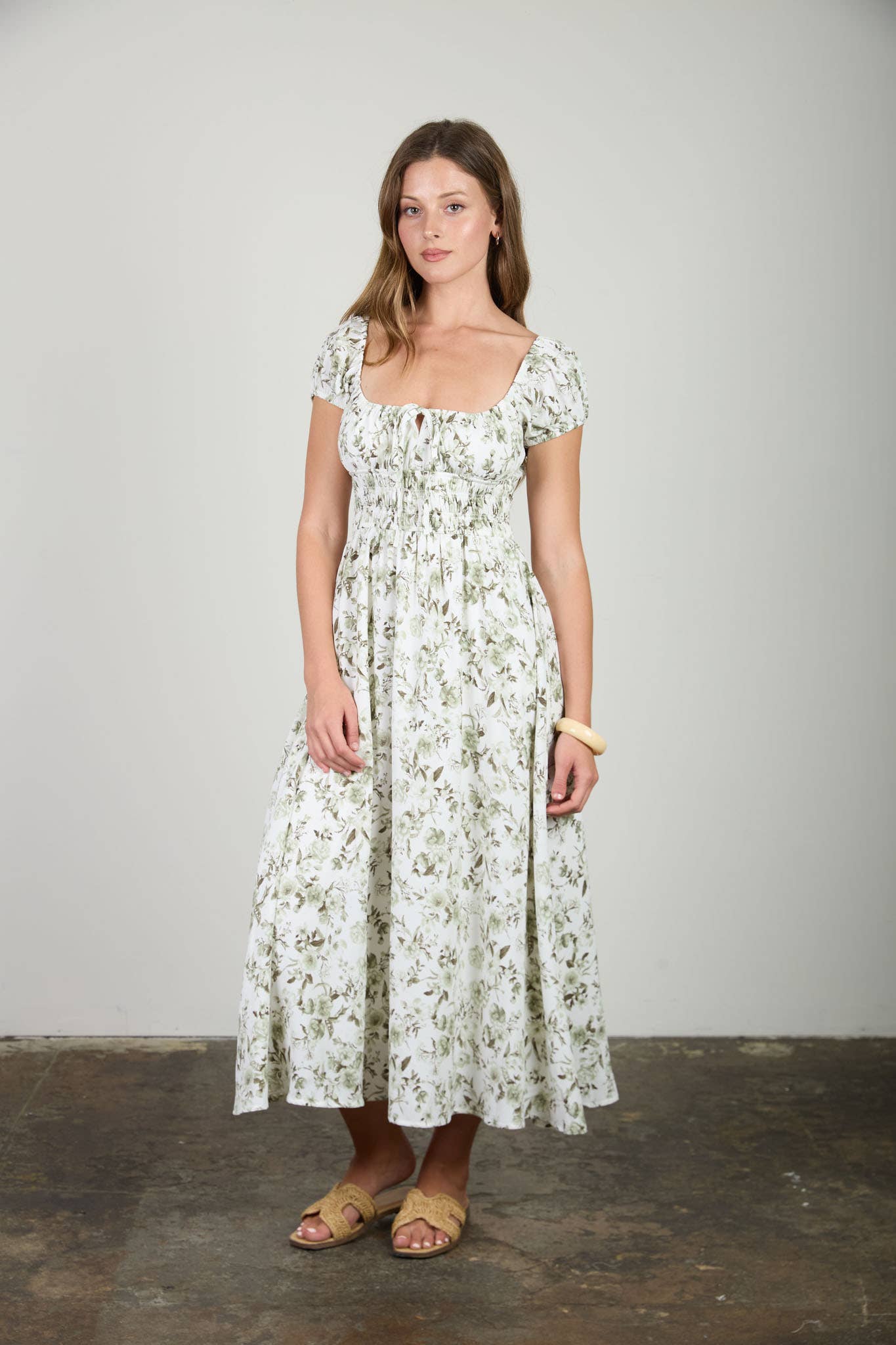 Floral Toile Front Tie Short Sleeve Midi Dress