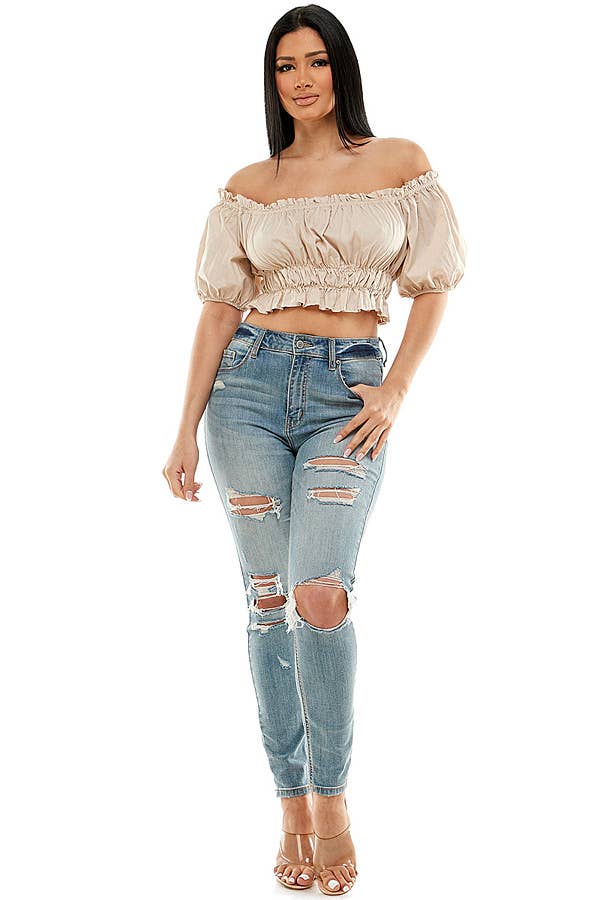 Frill Trim Solid Off Shoulder Top