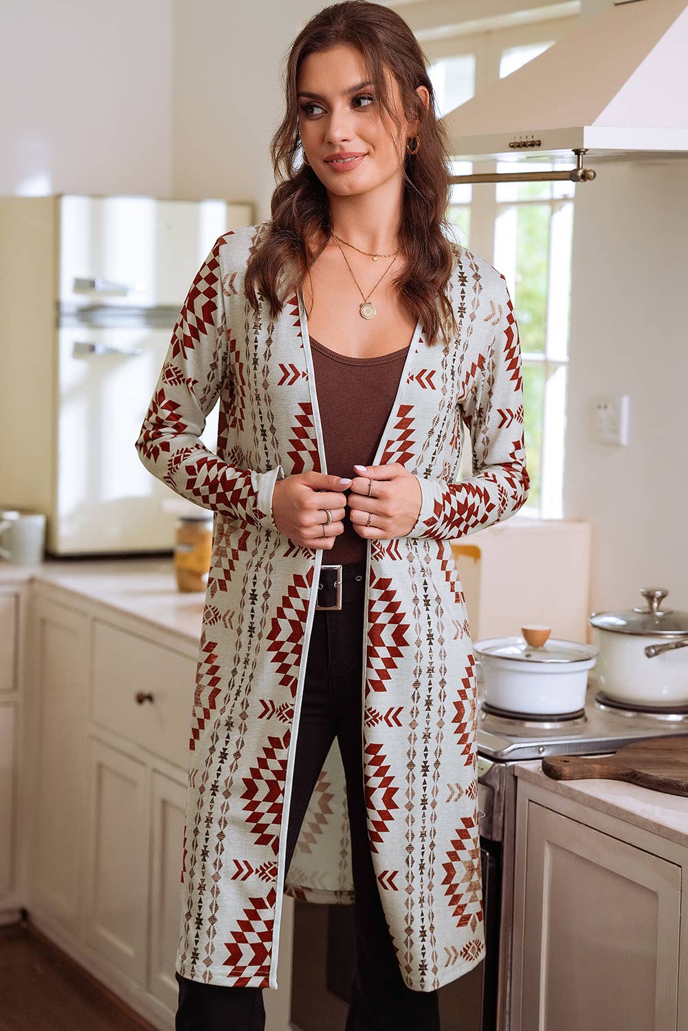 Western Printed Open Front Long Cardigan