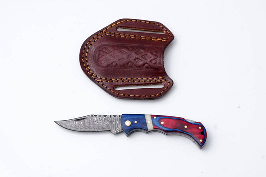 Patriot Series Damascus Folding Knife – Red & Blue Handle with Leather Sheath