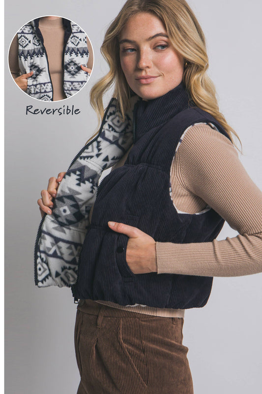Chaleco acolchado reversible de pana con estampado azteca