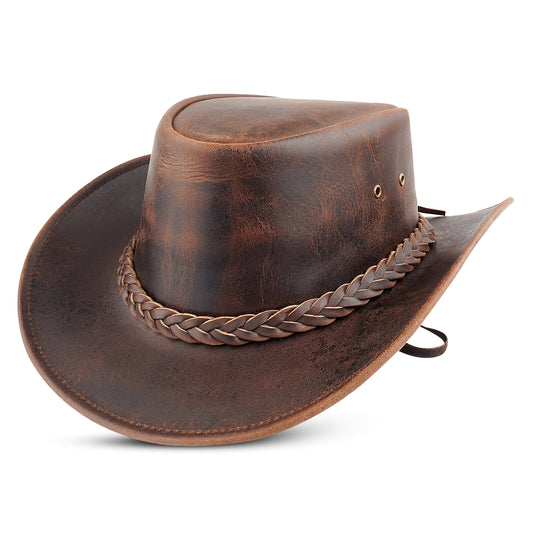 Men's and Women's Brown Western Leather Outback Cowboy Hat