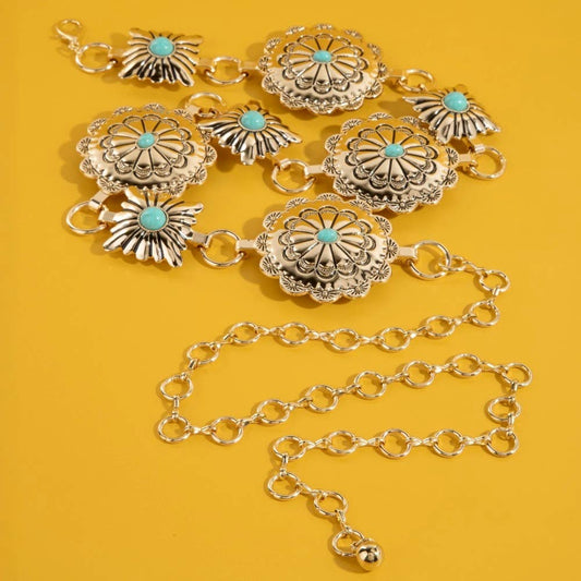 Western Turquoise Stud Floral Concho Chain Belt