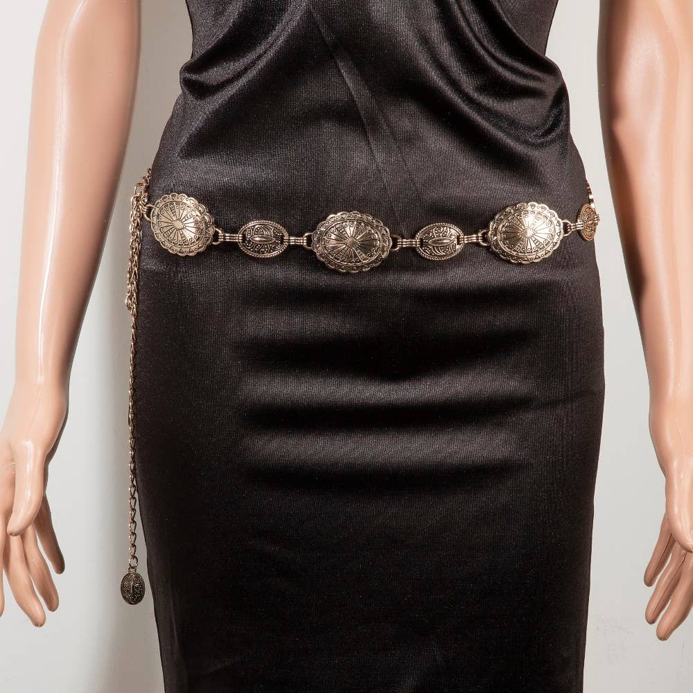 Ornate Oval Concho Disc Chain Fashion Belt