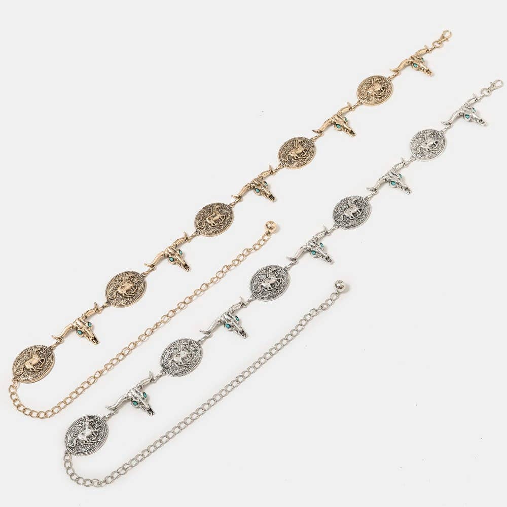 Western Horse Disc And Long Horn Chain Belt