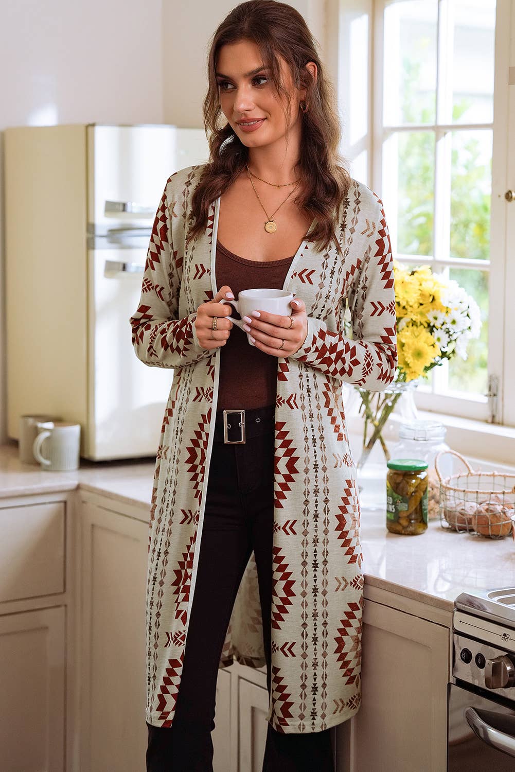 Western Printed Open Front Long Cardigan