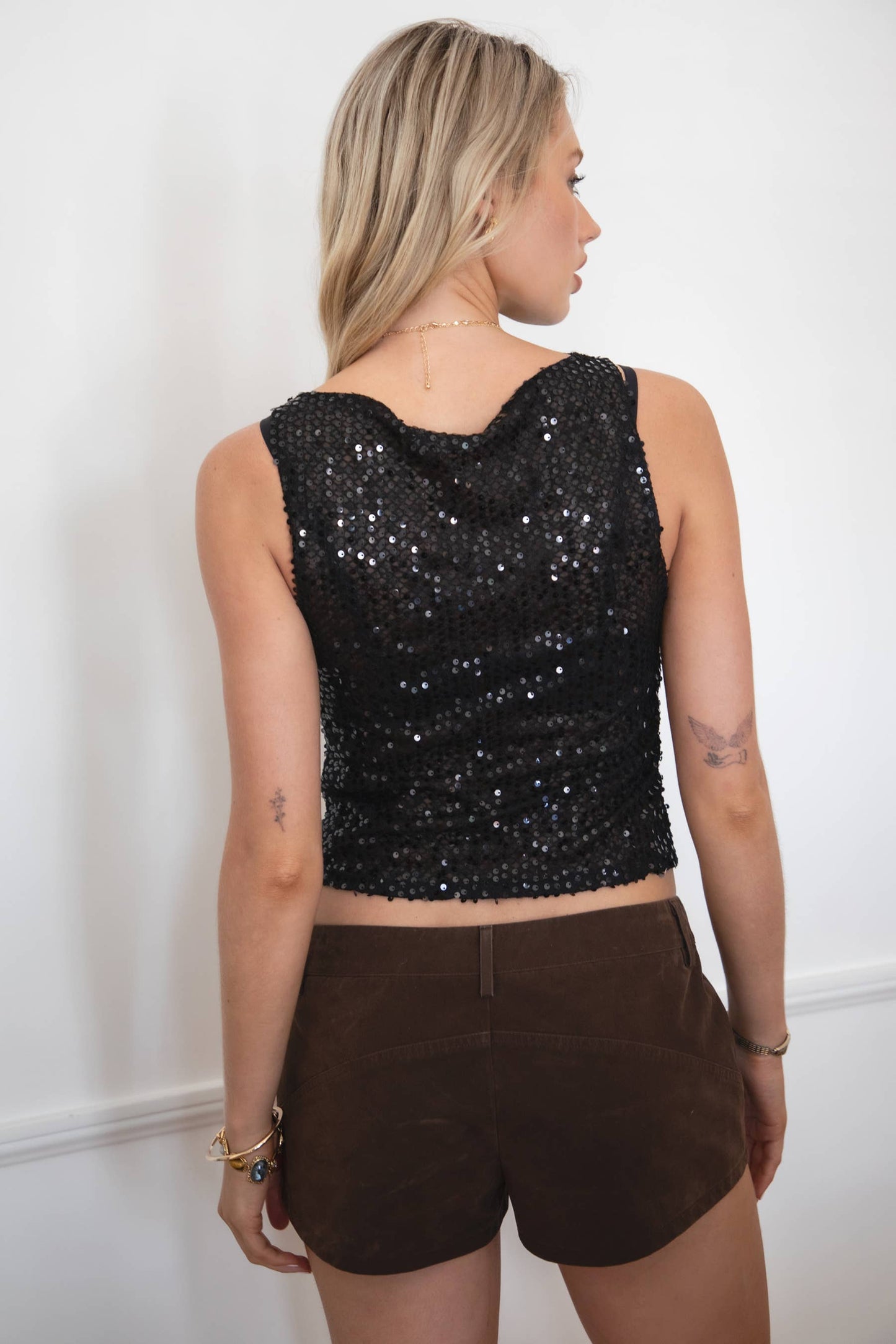 High Boat Neckline Allover Sheer Sequin Tank Top