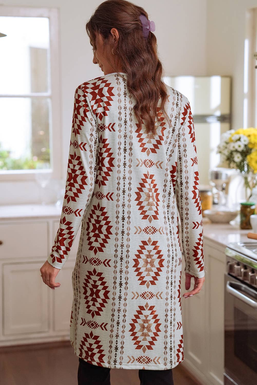 Western Printed Open Front Long Cardigan