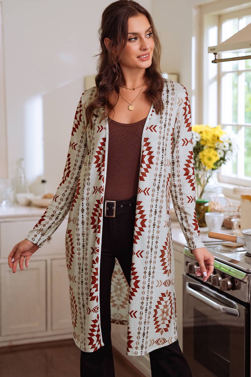 Western Printed Open Front Long Cardigan